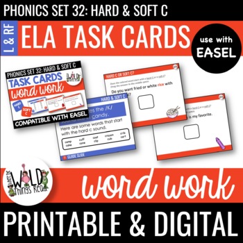 Preview of Phonics Set 32: Printable Task Cards Compatible with Easel: Hard C & Soft C