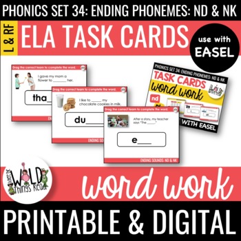 Preview of Phonics Set 34: Printable Task Cards Compatible with Easel: ND & NK Endings