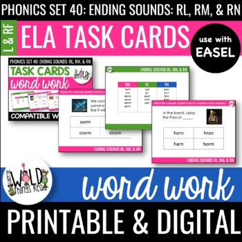 Preview of Phonics Set 40: Printable Task Cards Compatible with Easel: RL, RM, & RN Endings