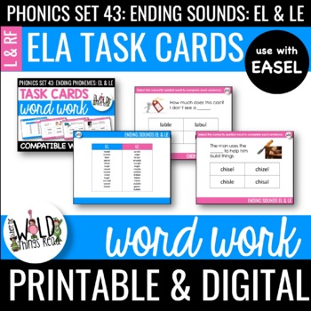 Preview of Phonics Set 43: Printable Task Cards Compatible with Easel: EL & LE Endings