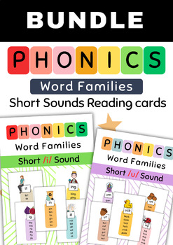 Preview of Phonics. Word Families Short a, o, u, e, i Sounds Reading cards. Bundle.