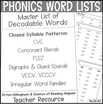 Preview of Phonics Word Lists: CVC, Blends, Digraphs, VCCV for Orton-Gillingham Lessons