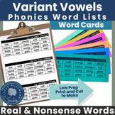 Phonics Word Lists - Variant Vowels and Diphthongs (real a