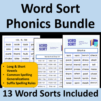Preview of Phonics Word Sort Bundle | Long & Short Vowels, Spelling Generalizations & Rules