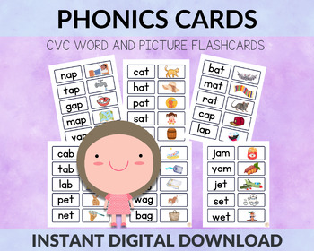 Preview of Phonics Words and Picture Cards, CVC Word Families Matching Flashcards