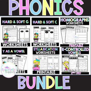 Phonics Worksheet Bundle / Y as a vowel, Syllabication, Hard and Soft g ...