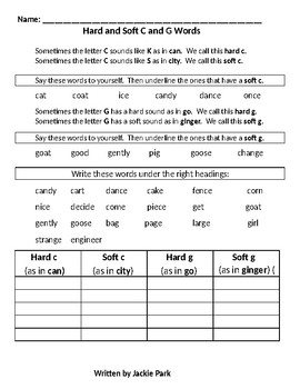 Preview of Phonics Worksheet: Hard/Soft C & G Words for Practice & Review