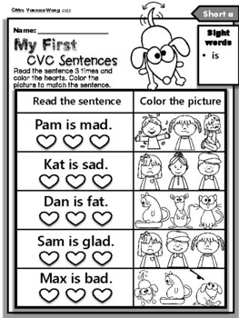 Phonics Worksheets My First CVC Sentences for Kindergarten and First Grade