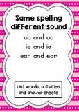 Phonics activity pages: Same spelling different sound