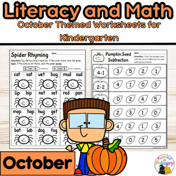 Preview of October NO PREP Literacy and Math Worksheets