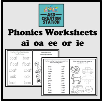phonics bundle worksheets x24 ai oa ee or ie by asd creation station