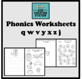 Phonics and letter formation bundle q, w, v, y, x, z and j