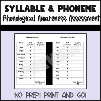 Preview of Phonological Awareness Assessment - Syllable and Phoneme Counting