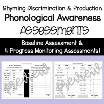 Preview of Phonological Awareness Progress Assessments -Rhyming Discrimination / Production