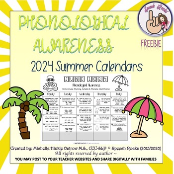 Preview of Phonological Awareness Summer Calendars ~ 2024 ~ {FREEBIE}