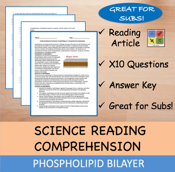 Preview of Phospholipid Bilayer - Reading Passage and x 10 Questions (EDITABLE)