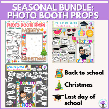 Preview of Photobooth props bundle- Back to school, Christmas, Last day of school bilingual