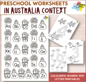 Preview of Preschool Number and letter colouring worksheets| Australia Aboriginal theme