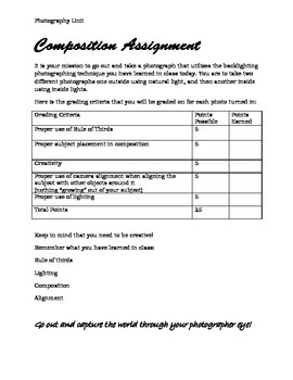 Preview of Photography Basics 2nd Lesson: Composition, Quiz, Assignment and Grading Rubric