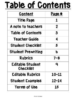 table of contents example kids