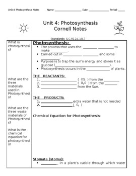 Preview of Photosynthesis Modified Cornell Notes