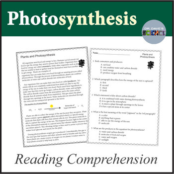 Preview of Photosynthesis Reading Comprehension Passage