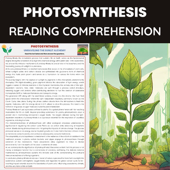 Preview of Photosynthesis  Reading Comprehension Worksheet for Life Science