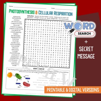 Preview of Cellular Respiration Photosynthesis Word Search Puzzle Review Activity Worksheet