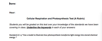 Preview of Photosynthesis and Cellular Respiration Standard Based "A" Test