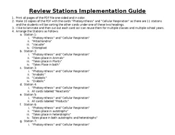 Preview of Photosynthesis and Cellular Respiration Stations Implementation Guide & KEY