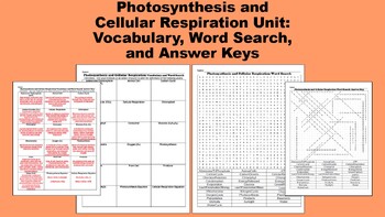 Preview of Photosynthesis and Cellular Respiration Unit: Vocabulary, Word Search, AnswerKey