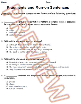 Preview of Sentence Structure Worksheets: Run-ons, Sentence Fragments, Phrases, Clauses PDF