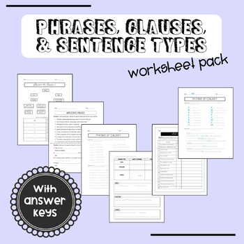 Phrases, Clauses, and Sentence Types Worksheet Pack | TpT