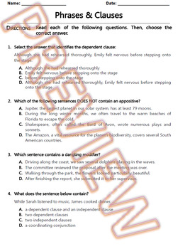 Preview of Phrases, Dependent and Independent Clauses Worksheet. ELA Practice. W.Doc (1/2)