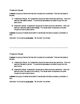 Preview of Phrases and Clauses Notes: Common Core L7.1a and 7.1c