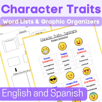 Preview of Bilingual Character Traits List with Graphic Organizer English and Spanish