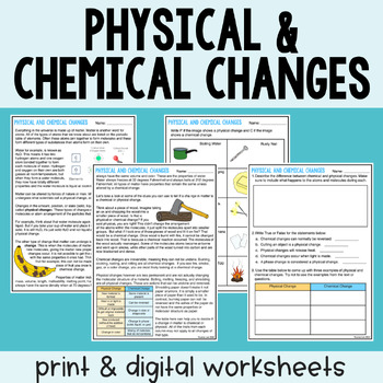 Preview of Physical & Chemical Changes - Reading Comprehension Worksheets