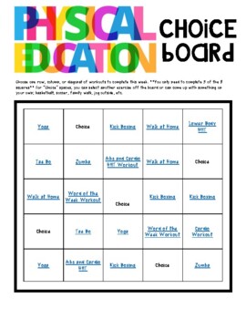 physical education choice board by sarah hammer tpt