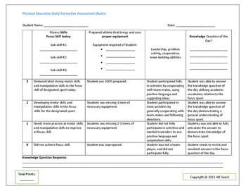 Preview of Physical Education Daily Formative Rubric