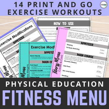 Preview of Physical Education Fitness Menu Workout Circuit and Exercise Task Cards