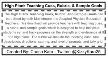 Preview of Physical Education - High Plank Teaching Cues, Rubric, & Sample Goals