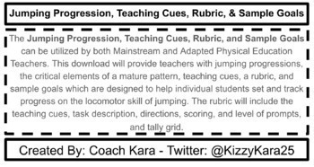 Preview of Physical Education - Jumping Progression, Teaching Cues, Rubric, & Sample Goals