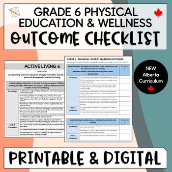 Preview of Physical Education & Wellness 6 Outcome Checklist - NEW PEW Alberta Curriculum