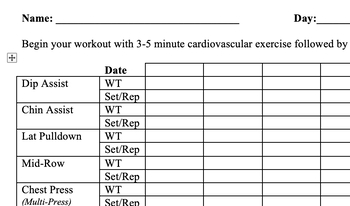 Preview of Physical Education Workout card Fitness Plan for the Weight room Fitness center