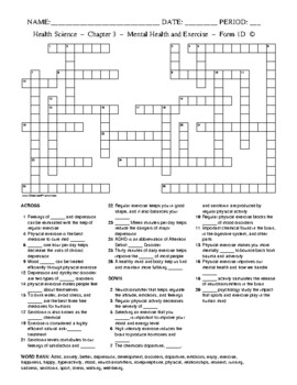 Physical Exercise and Mental Health Crossword with Word Bank Form 1