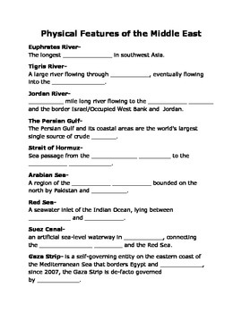 Preview of Physical Features of the Middle East Cloze Notes