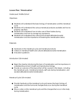 Preview of Physical Health and Education - Menstruation Lesson Plan Quiz Homework