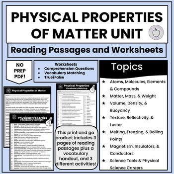 Preview of Physical Properties of Matter PDF Reading Passages and Worksheet Activities