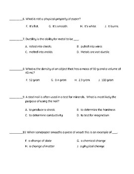 physical properties of matter quiz test or worksheet by jodis jewels