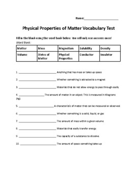 Physical Properties of Matter Science Vocabulary Quiz by Creative Ed by ...